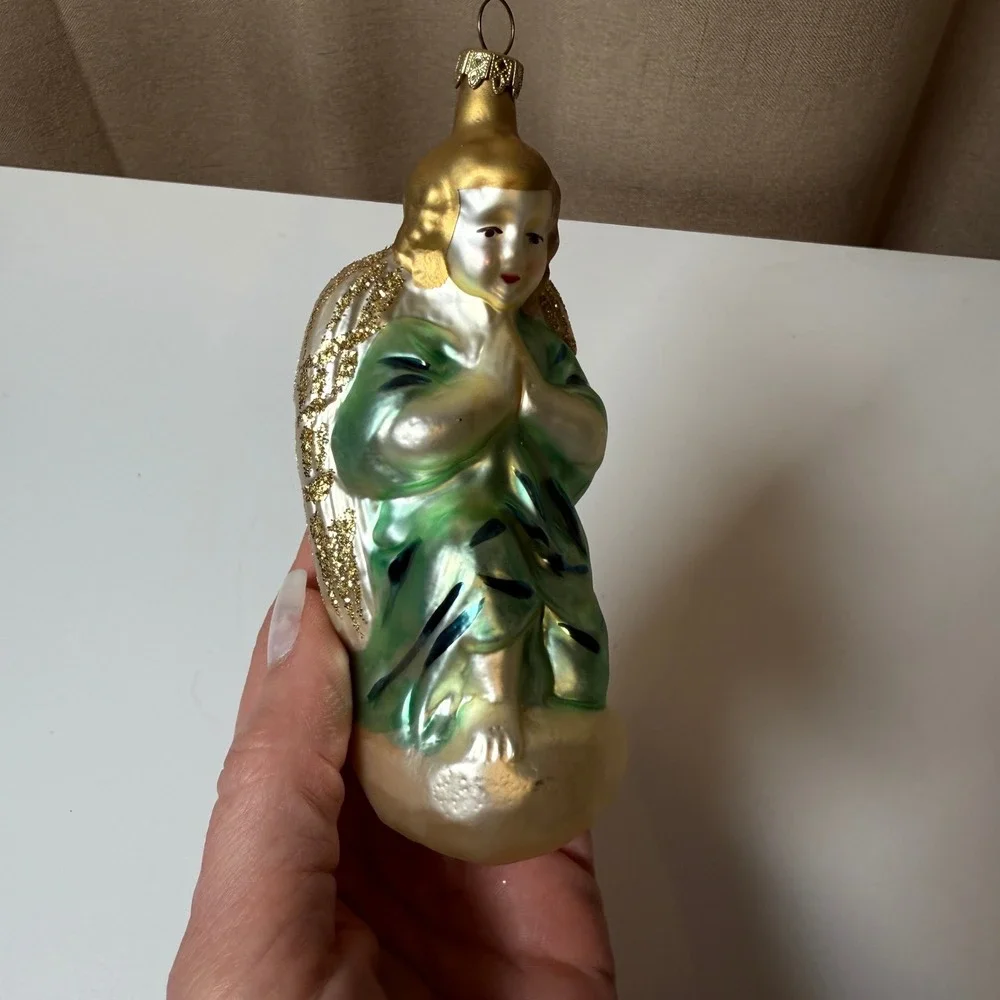 Praying Angel Glass Christmas Ornament Gold Green‎ Glitter Wings Vintage Style